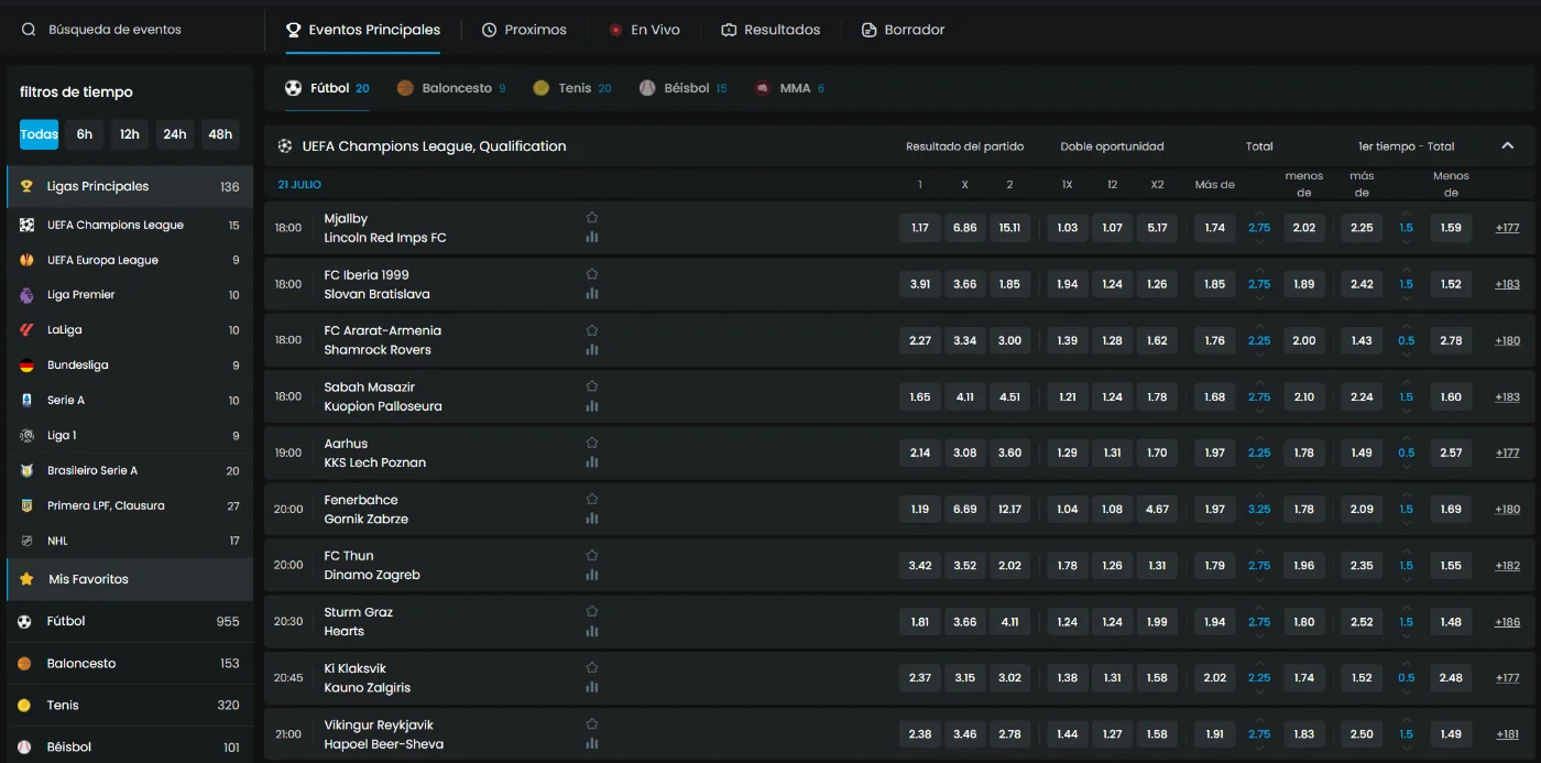 Mystake Casino con apuestas de fútbol, cuotas en vivo y partidos de la UEFA Champions League