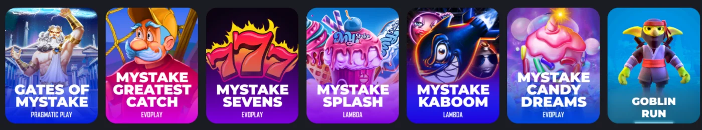 Mystake Casino con selección de juegos instantáneos como Gates of MyStake, MyStake Splash, MyStake Kaboom y Goblin Run
