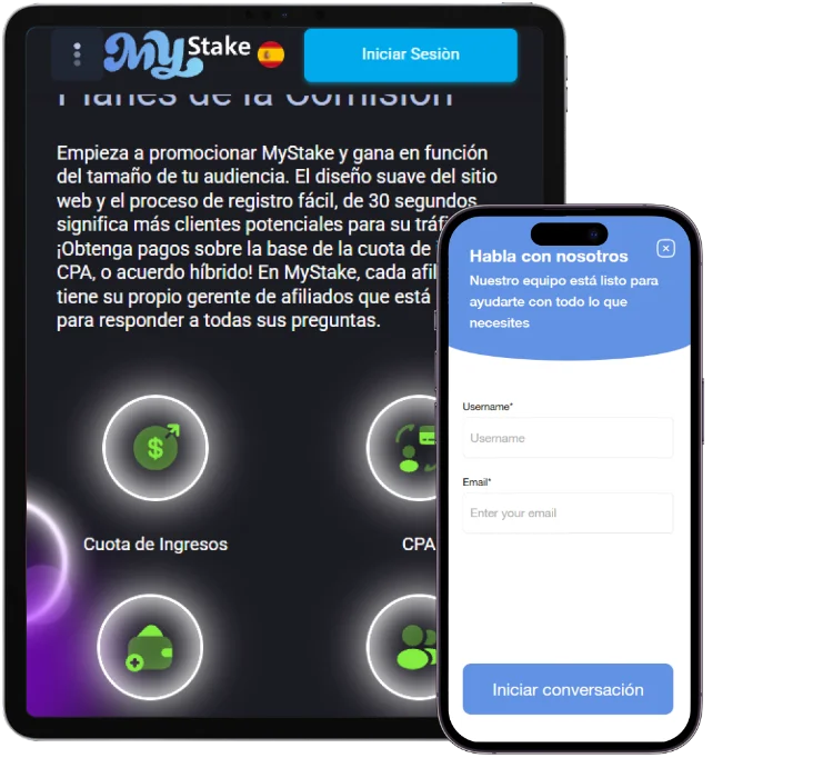 Mystake Casino en versión móvil con programa de afiliados y chat de soporte en vivo